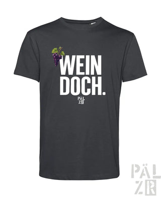 Dunkelgraues kurzarmshirt männer mit weißem wein doch text lila traubenmotiv und pal zib markenlogo unten