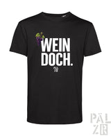 Schwarzes männer t-shirt aus baumwolle mit weißem wein doch schriftzug und lila trauben grafik von pal zir