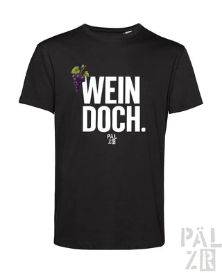 Schwarzes männer t-shirt aus baumwolle mit weißem wein doch schriftzug und lila trauben grafik von pal zir