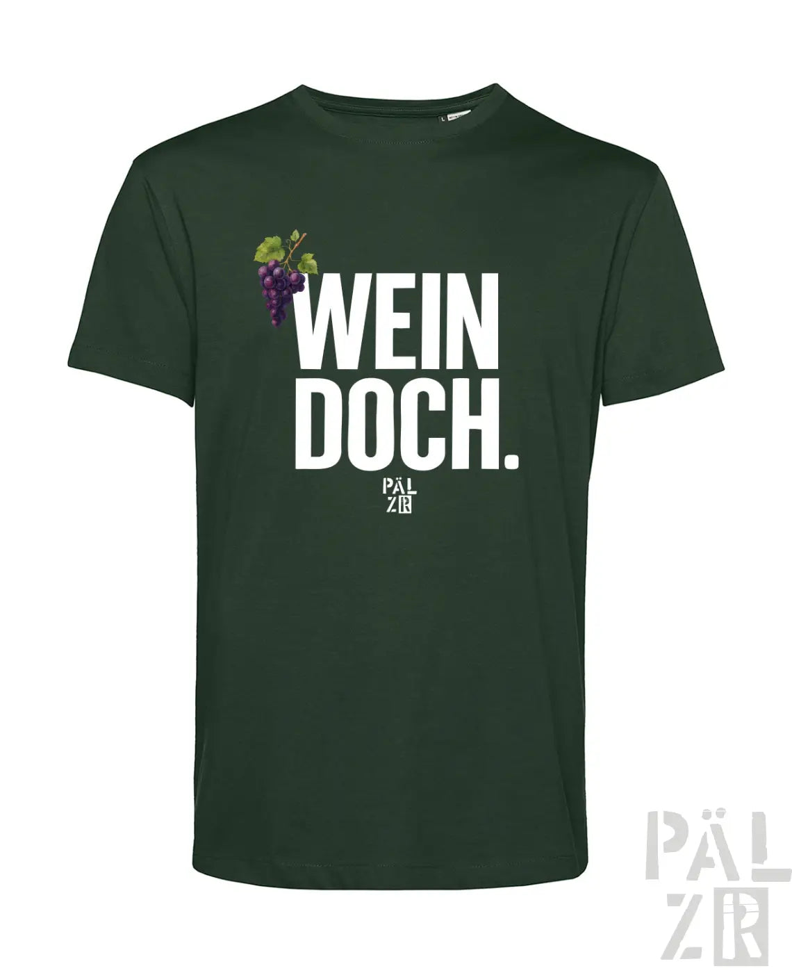 Dunkelgrünes männer t-shirt mit kurzem arm und weißem aufdruck wein doch sowie lila traubenmotiv und pal zib logo