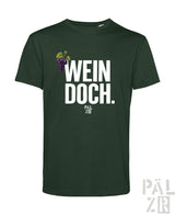 Dunkelgrünes männer t-shirt mit kurzem arm und weißem aufdruck wein doch sowie lila traubenmotiv und pal zib logo