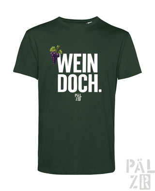 Dunkelgrünes männer t-shirt mit kurzem arm und weißem aufdruck wein doch sowie lila traubenmotiv und pal zib logo