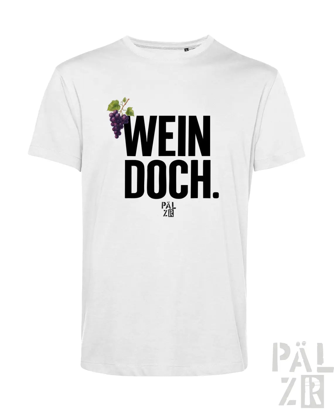 Weißes männer t-shirt aus baumwolle mit boldem schwarzen text wein doch und lila trauben grafik von pal zib