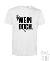 Weißes männer t-shirt aus baumwolle mit boldem schwarzen text wein doch und lila trauben grafik von pal zib