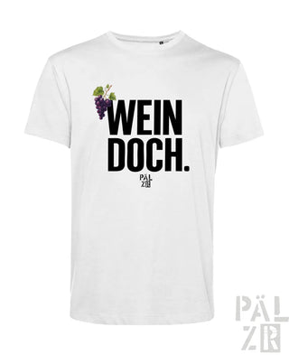 Weißes männer t-shirt aus baumwolle mit boldem schwarzen text wein doch und lila trauben grafik von pal zib