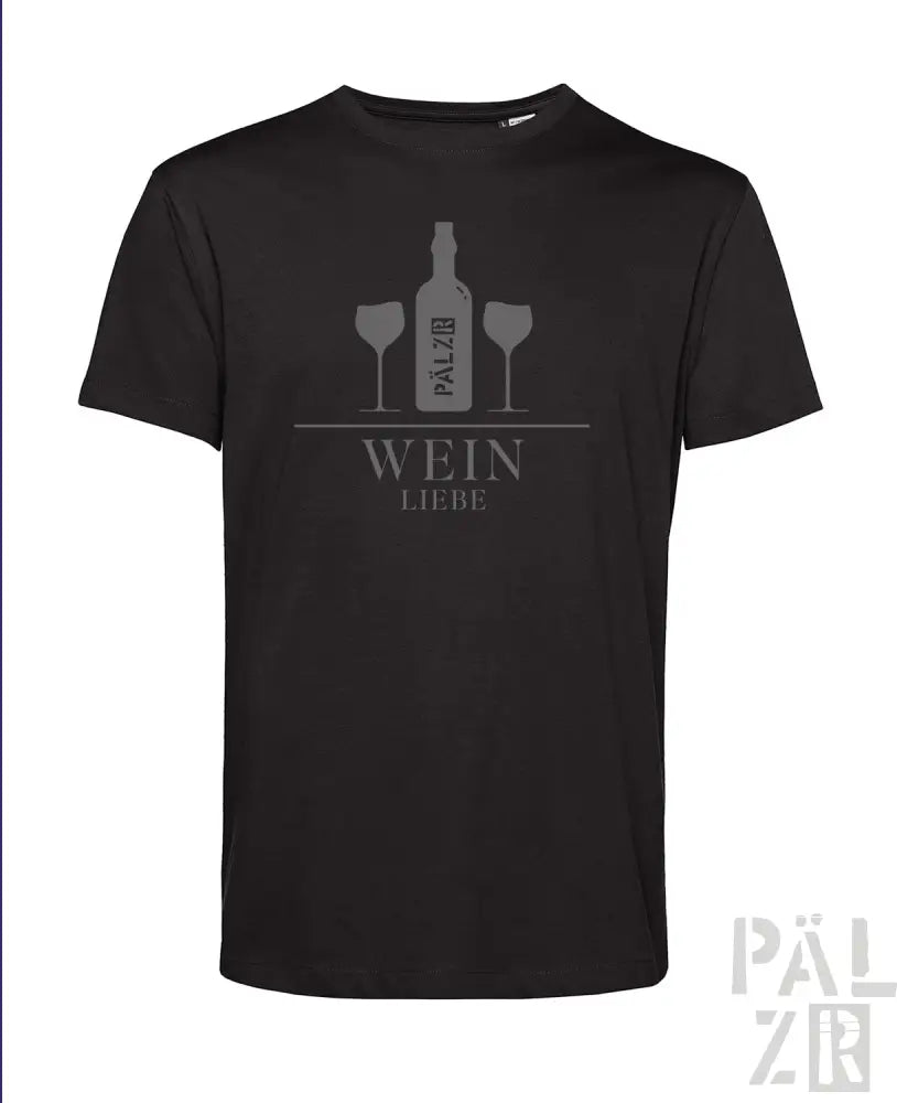 Schwarzes T-Shirt mit Weinflasche- und Gläser-Design, ’wein liebe’ Text in Weiß.
