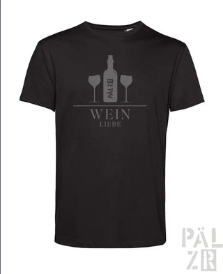 Schwarzes T-Shirt mit Weinflasche- und Gläser-Design, ’wein liebe’ Text in Weiß.