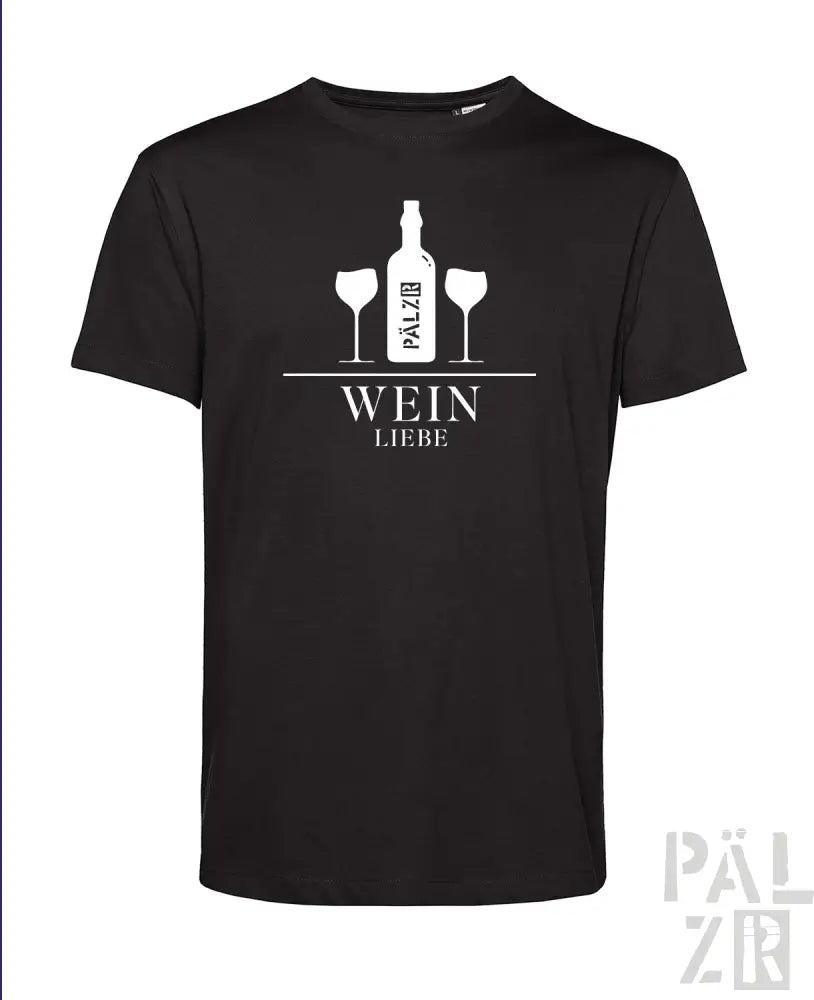 Schwarzes T-Shirt mit Design einer weißen Weinflasche und Gläser, Text ’wein liebe’.