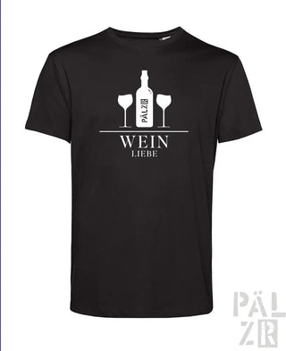 Schwarzes T-Shirt mit Design einer weißen Weinflasche und Gläser, Text ’wein liebe’.