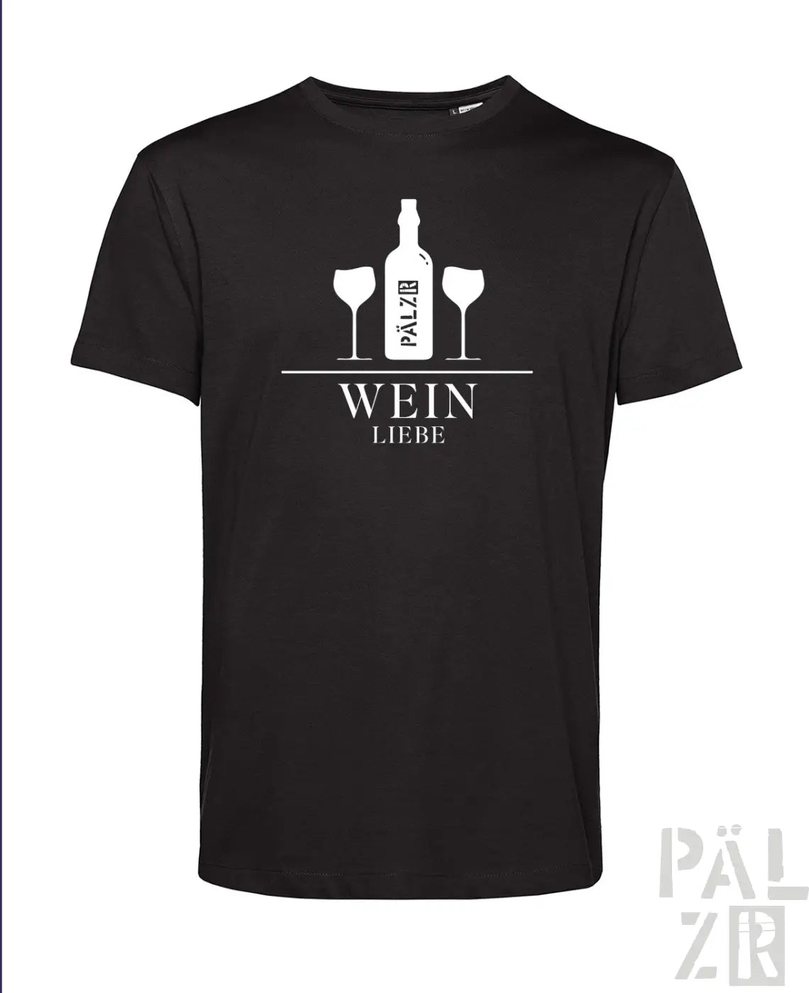 Schwarzes T-Shirt mit weißem Weinflaschen- und Gläser-Design, ’wein liebe’ Text.