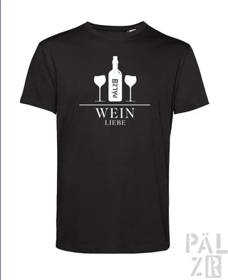 Schwarzes T-Shirt mit weißem Weinflaschen- und Gläser-Design, ’wein liebe’ Text.