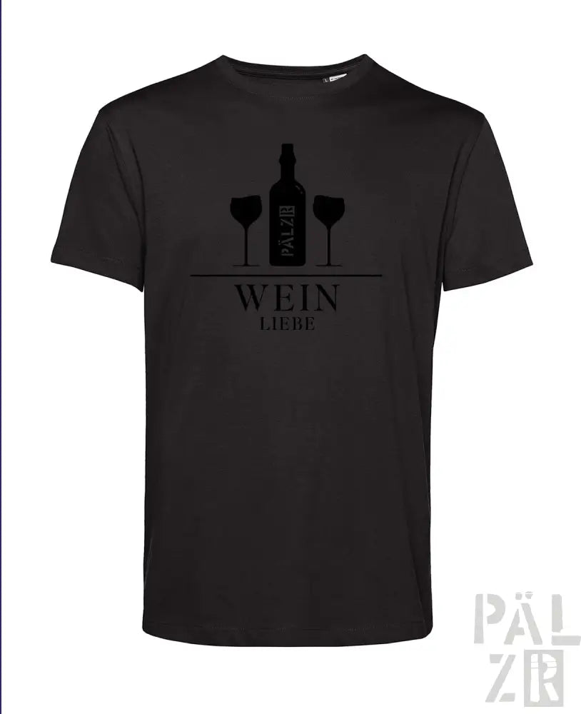 Schwarzes T-Shirt mit Weinflasche- und Gläser-Design, ’wein liebe’ Text in Weiß.
