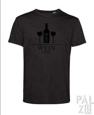 Schwarzes T-Shirt mit Weinflasche- und Gläser-Design, ’wein liebe’ Text in Weiß.