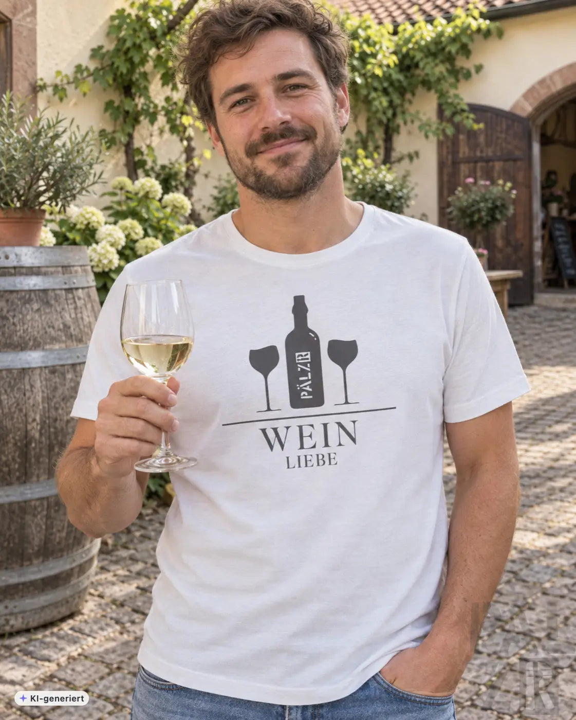 Weißes baumwoll-t-shirt männer mit schwarzem weinflaschen- und glasprint und wein liebe schriftzug