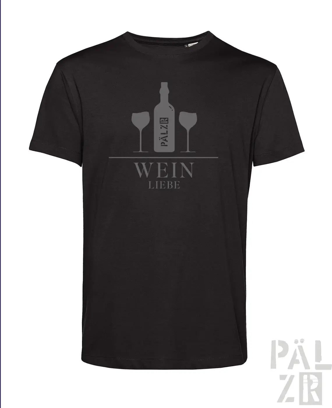 Männer t-shirt aus baumwolle in schwarz mit grauem weinflaschendesign und zwei gläsern mit dem text wein liebe