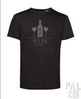 Männer t-shirt aus baumwolle in schwarz mit grauem weinflaschendesign und zwei gläsern mit dem text wein liebe