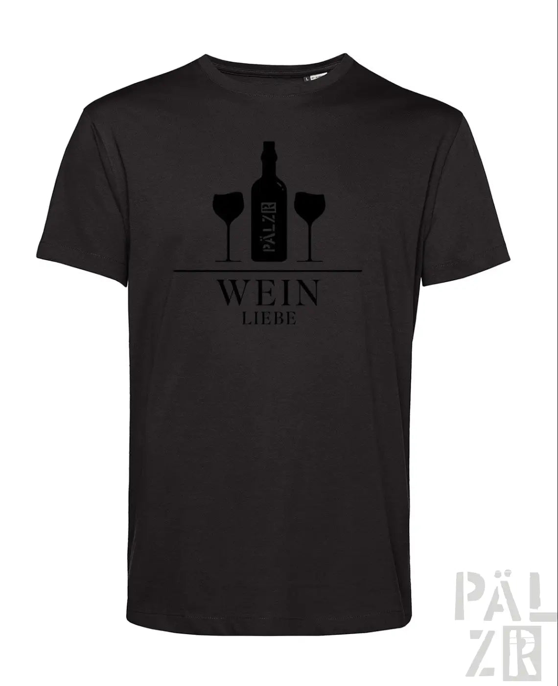 Schwarzes männer t-shirt mit schwarzem weinflasche und zwei gläser silhouette und text wein liebe print