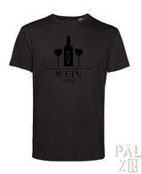 Schwarzes männer t-shirt mit schwarzem weinflasche und zwei gläser silhouette und text wein liebe print