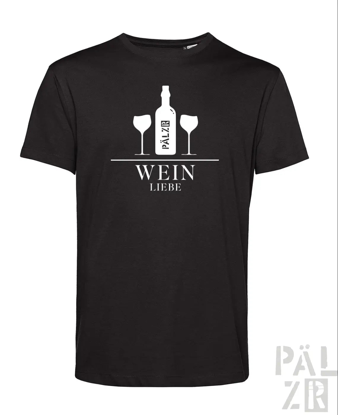 Schwarzes baumwoll männer t-shirt mit weißem weinflaschendesign und zwei gläsern mit dem text wein liebe