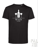 Schwarzes baumwoll männer t-shirt mit weißem weinflaschendesign und zwei gläsern mit dem text wein liebe