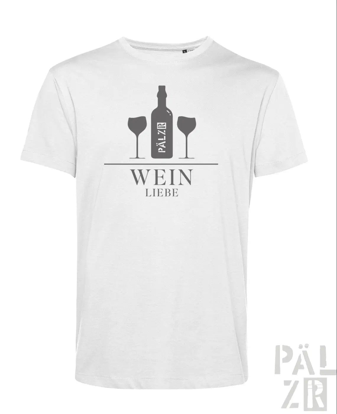 Weißes baumwoll-t-shirt männer mit grauem weinflaschen- und gläsergrafik sowie dem text wein liebe