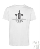 Weißes baumwoll-t-shirt männer mit grauem weinflaschen- und gläsergrafik sowie dem text wein liebe