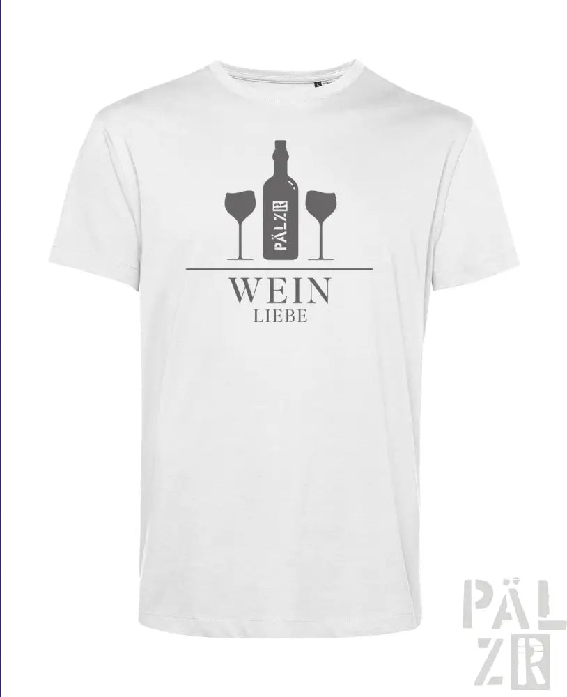 Weißes Baumwoll-T-Shirt mit Design von Weinflasche und Gläsern, schwarzer Text ’wein liebe’ darunter.