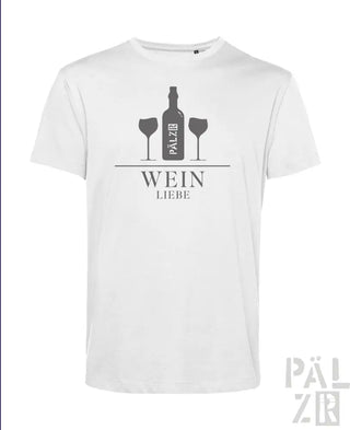 Weißes Baumwoll-T-Shirt mit Design von Weinflasche und Gläsern, schwarzer Text ’wein liebe’ darunter.