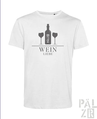 Weißes Baumwoll-T-Shirt mit Design von Weinflasche und Gläsern, schwarzer Text ’wein liebe’ darunter.
