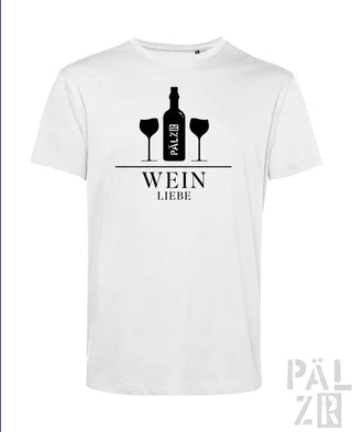 Weißes T-Shirt mit Design von schwarzer Weinflasche und Gläsern.