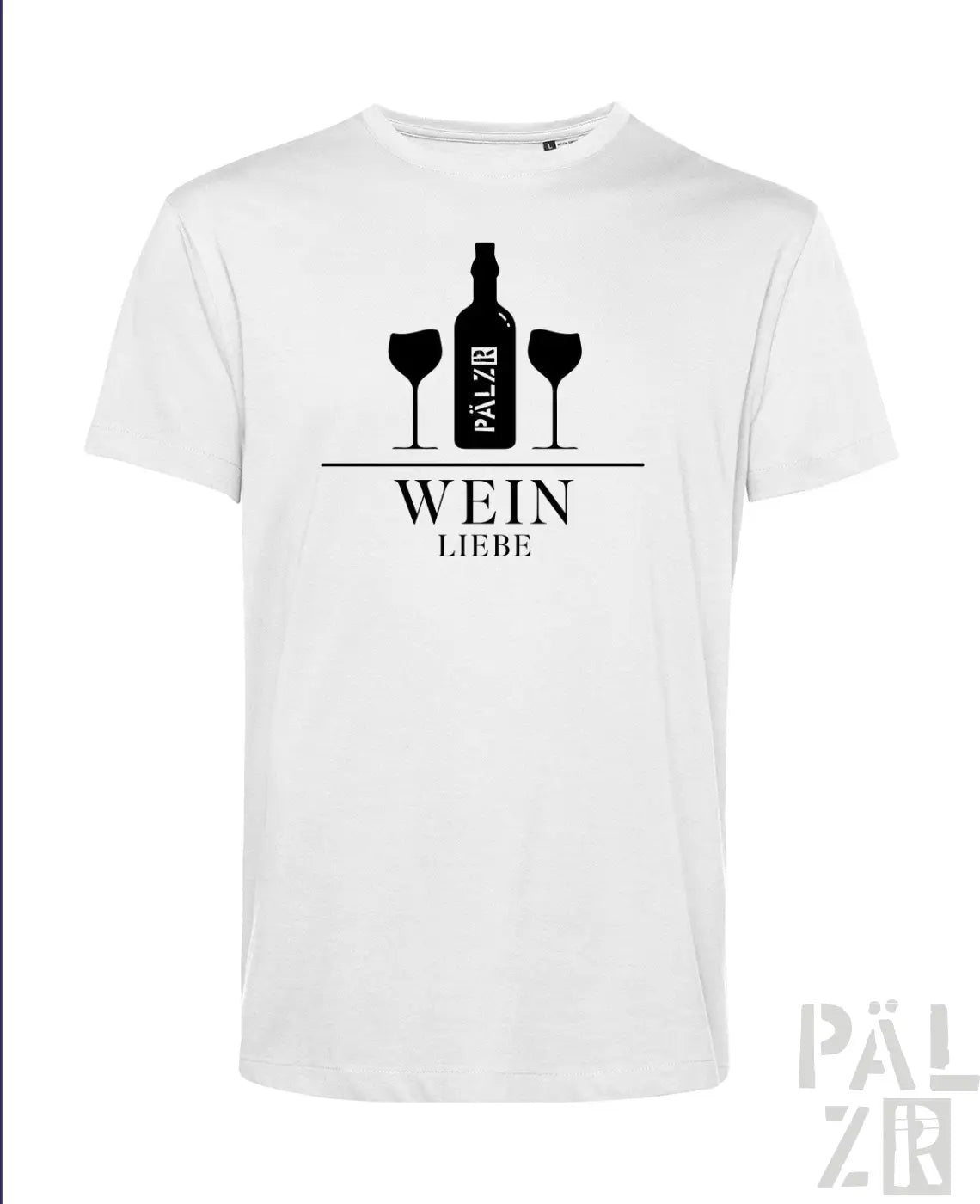 Weißes T-Shirt mit Design von schwarzer Weinflasche und Gläsern.