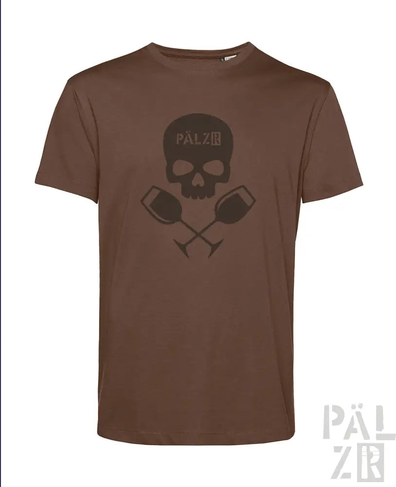 Braunes T-Shirt mit Totenkopf- und Hantel-Design, dunkler grauer Text „palzb“ auf der Brust.