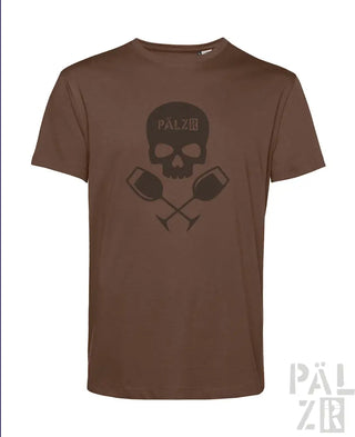Braunes T-Shirt mit Totenkopf- und Hantel-Design, dunkler grauer Text „palzb“ auf der Brust.