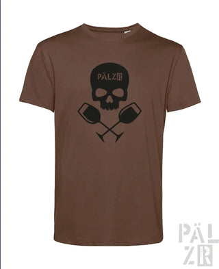 Braunes T-Shirt mit Totenkopf- und Weinglas-Design, schwarzer Text „pälzir“ auf der Brust.