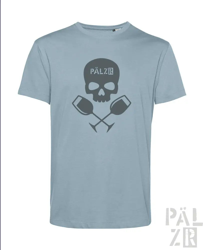 Blaues T-Shirt mit Totenkopf- und Weinglas-Design, mit der Marke ‚palzir‘ in fetten Buchstaben.