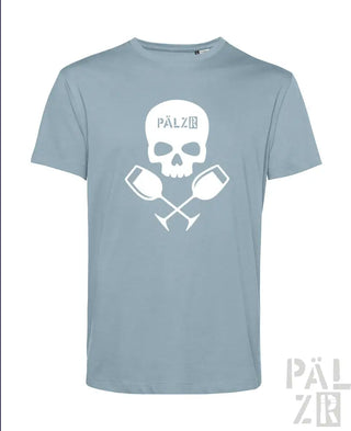 Hellblaues T-Shirt mit Totenkopf- und gekreuzten Krügen-Design, mit ’pälzr’-Logo.