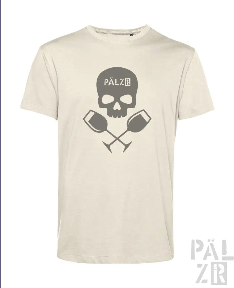Cremeweiße T-Shirt mit Totenkopf- und Weinglas-Design, mit der Marke ’palzir’ in einer fetten Schrift.