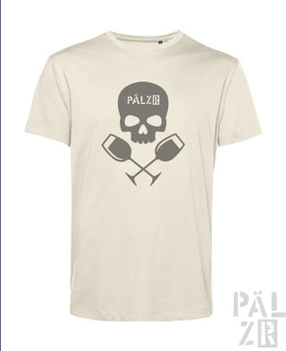 Cremeweiße T-Shirt mit Totenkopf- und Weinglas-Design, mit der Marke ’palzir’ in einer fetten Schrift.