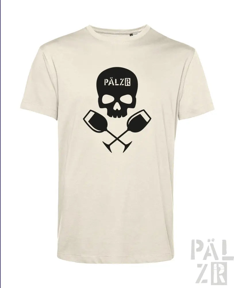 Cremeweiße T-Shirt mit Totenkopf- und Weinglas-Design, schwarzer Text ’pälzb’ auf der Vorderseite.