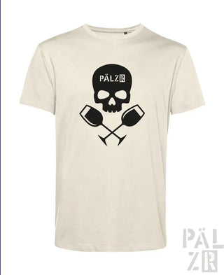 Cremeweiße T-Shirt mit Totenkopf- und Weinglas-Design, schwarzer Text ’pälzb’ auf der Vorderseite.