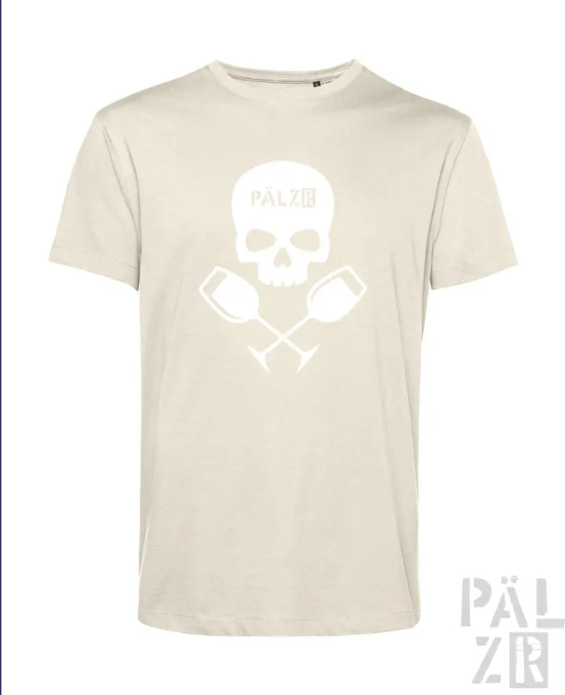Cremeweiße T-Shirt mit Totenkopf- und gekreuzten Schlägeln-Design, mit Logo einer bekannten Marke.