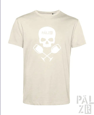 Cremeweiße T-Shirt mit Totenkopf- und gekreuzten Schlägeln-Design, mit Logo einer bekannten Marke.