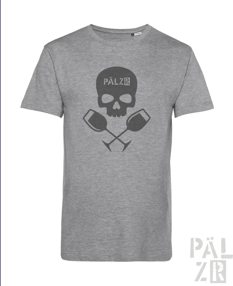 Grauer Totenkopf-T-Shirt mit gekreuzten Weingläsern und ’pälzr’ Logo.