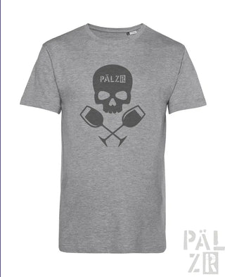 Grauer Totenkopf-T-Shirt mit gekreuzten Weingläsern und ’pälzr’ Logo.