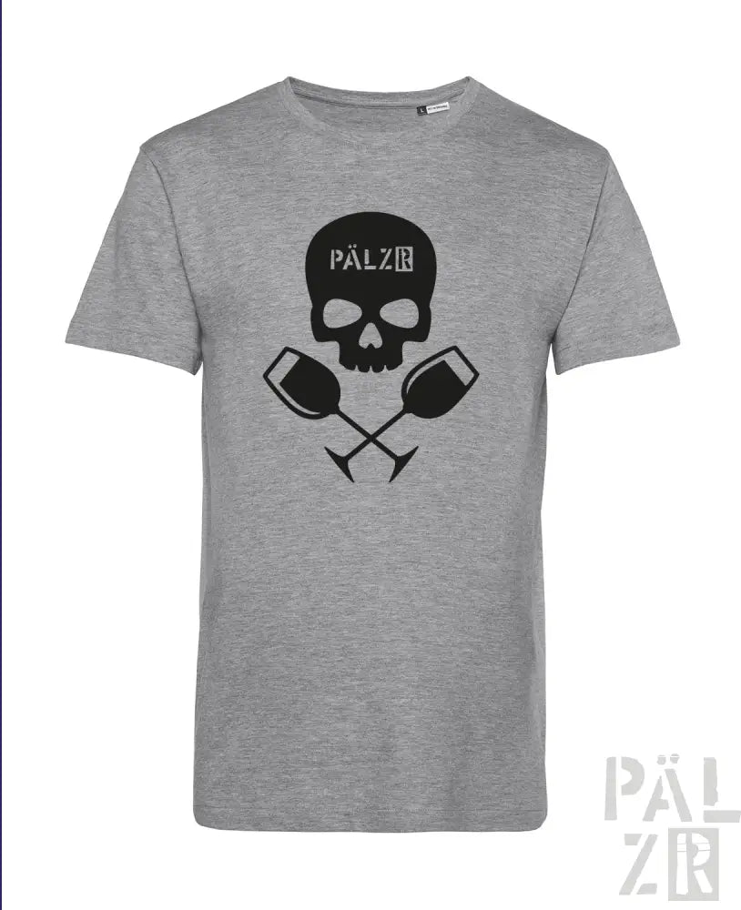 Grauer Totenkopf-T-Shirt mit gekreuzten Weingläsern und ’pälzr’-Logo.