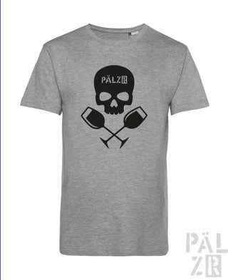 Grauer Totenkopf-T-Shirt mit gekreuzten Weingläsern und ’pälzr’-Logo.