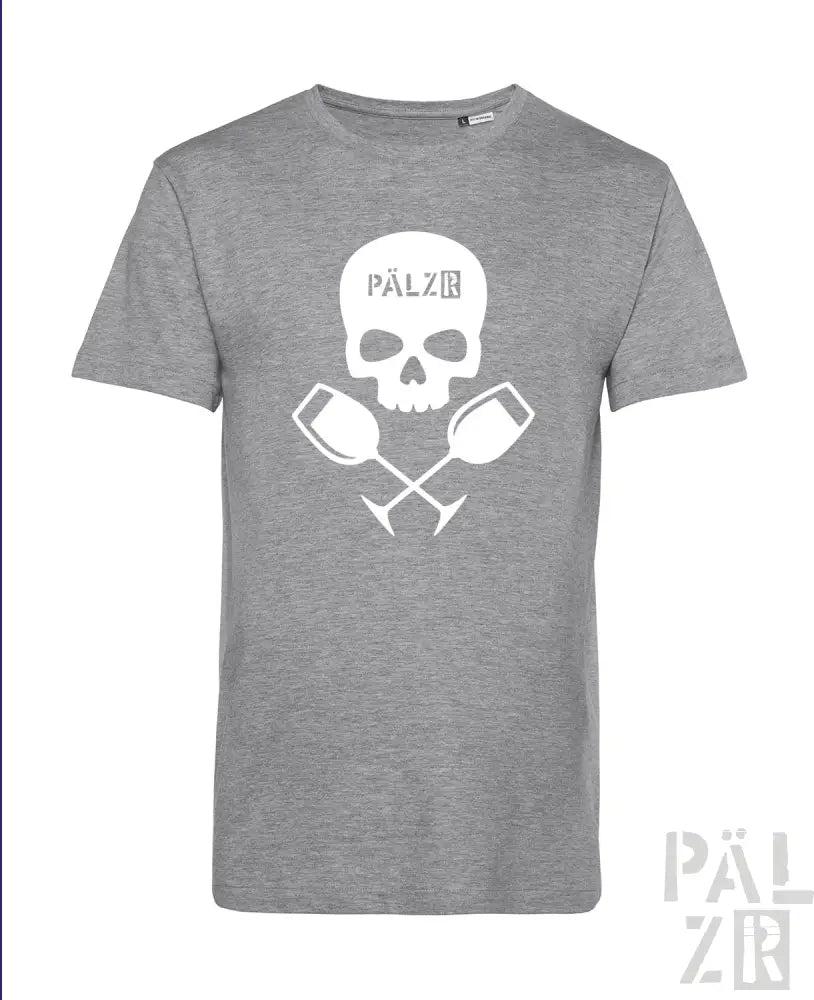 Graues T-Shirt mit Totenkopf- und gekreuzten Krügen-Design, ’pälzr’-Logo auf der Brust.
