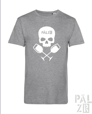Graues T-Shirt mit Totenkopf- und gekreuzten Krügen-Design, ’pälzr’-Logo auf der Brust.