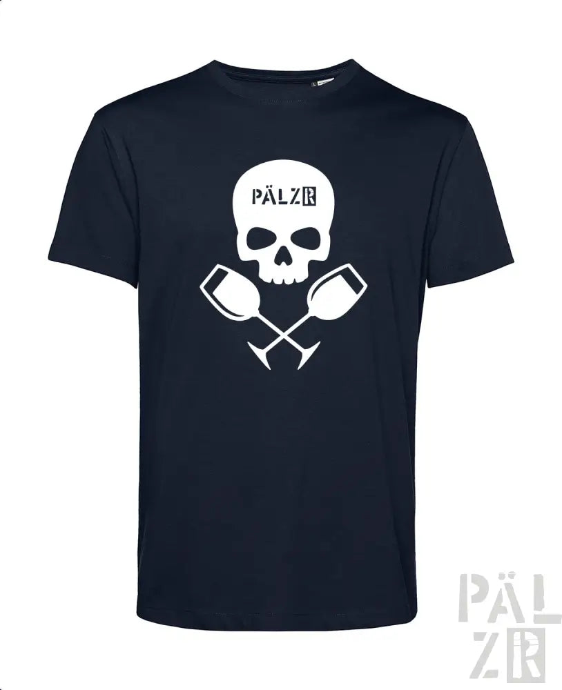 Marineblaues T-Shirt mit weißem Totenkopf- und gekreuzten Schlägel-Design, ’pälzr’-Logo auf der Vorderseite.