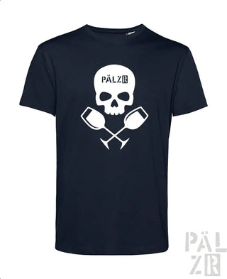 Marineblaues T-Shirt mit weißem Totenkopf- und gekreuzten Schlägel-Design, ’pälzr’-Logo auf der Vorderseite.